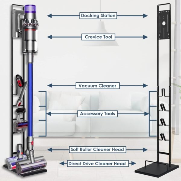 Lasvea Vacuum Stand for Dyson V6, V7, V8, V10, V11, V12, V15 Cordless Cleaners - Heavy Base Metal Bracket Holder with Trigger Lock, On/Off Control Clamp, Accessory & Attachment Storage - 图片 6